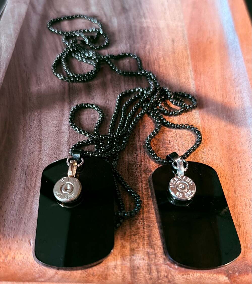 Custom Bullet Casing Swarovski crystal charm w Dog Tag Necklace Set with Chain